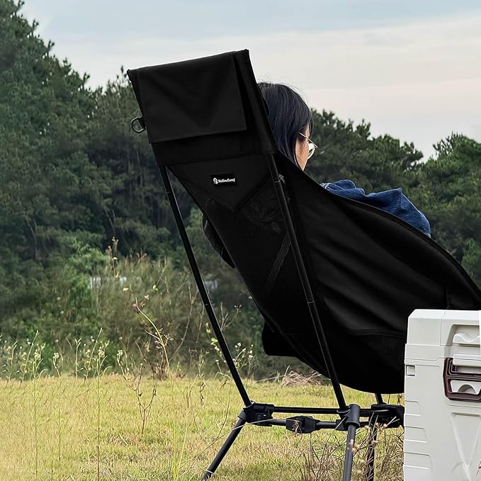 MellowCamp High Back Camping Chair, Oversized Comfort Design Collapsible Camp Chair with Pillow (Black)