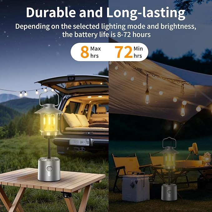 LED Camping Lantern, 8000mAh Telescopic Vintage Rechargeable Lantern, Dual Light Source & 3 Light Modes (2000K-6500K), 360° Lighting Emergency Lights for Camping, Home Power Outage, Hurricane, Hiking