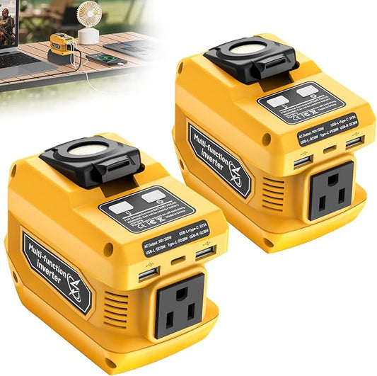 2 Packs 220W Power Inverter Compatible with Dewalt 20V Battery (Battery Not Included), DC 20V to AC 110V Portable Power Station, 400LM LED Light, 1 AC Outlet, 2 USB & 1 Type‑C Fast Charging