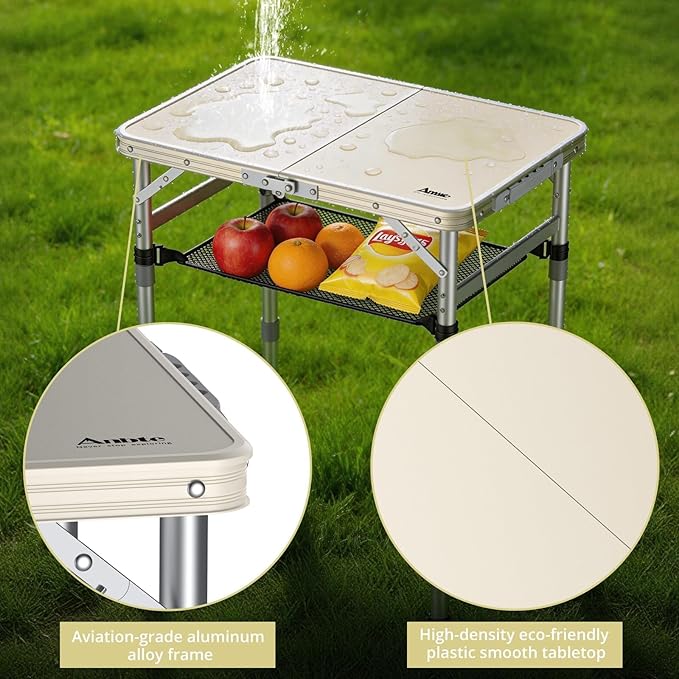 Anbte 2ft Small Plastic Folding Table, Waterproof 3 Adjustable Height Portable Camping Table with Storage Net, Flat Tabletop, for Picnic Indoor Outdoor Travel Beach Patio, 22.8" X 15.7", White