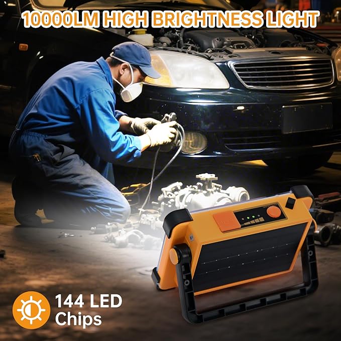 Rechargeable Flood Light - 10000LM LED Portable Work Light with Stand, 6600MAh Job Site Flashlight Spotlight for Car Repair,Camping, Emergency - Solar Hand Held Lamp IP66 Waterproof 4 Modes - Yellow