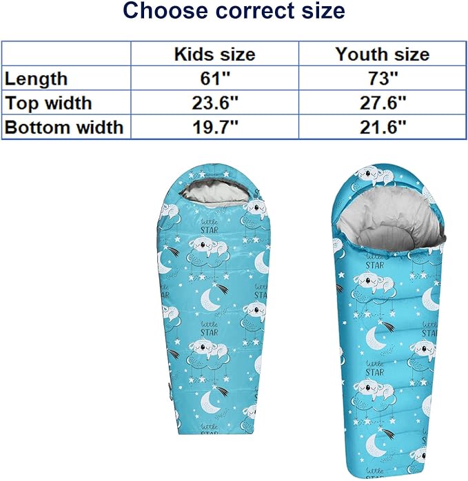 KidzAdventure Mummy Style 32 – 59F Kids Sleeping Bag with Pillow Sleeve, 4 Season, Lightweight and Backpacking Style, Ideal for Camping, Sleepover, Boys, Girls, and Youth