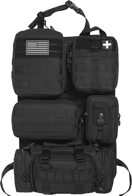 6 Pack Tactical Molle Car Seat Back Organizer - Tactical Vehicle Panel Organizer with 5 Detachable Molle Pouch,US Flag Patch and Keychain,Great Trunk Accessories for Man