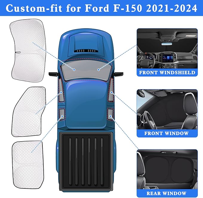ZATOTOO Car Window Shades for 2021-2024 Ford F-150 Sun Shade for Side Window Front and Rear Windshield, Full Privacy Protection UV Ray Sun Blocker Heat Insulation for Camping Napping Long Time Parking