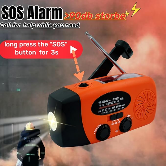 5000mAh Hand Crank Emergency Weather Radio, am fm noaa Solar Radio with Led Flashlight and Earphone Jack, Charger for Smartphone, USB-C Cable/Self Powered with SOS Alarm (Orange)