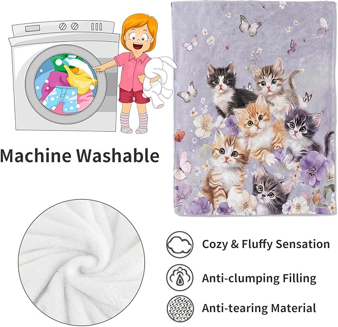 Adorable Kitten Blanket Cute Cat and Butterfly on Lavender Throw Blankets Gifts for Girls Women Adults Lightweight Soft Fleece Cozy for Sofa Couch Bed Room Travel Birthday Decor 40x50in