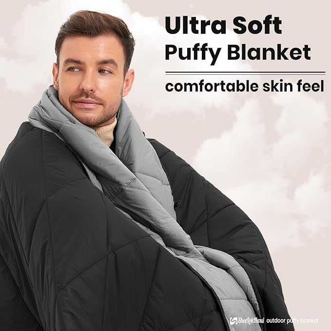 Outdoor Puffy Blanket, Reversible Warm Camping Blanket, Water-Resistant, Packable, Lightweight, Camping Quilt, for Stadium, Backpacking, Hammock, Picnic. 79"x55". Black.