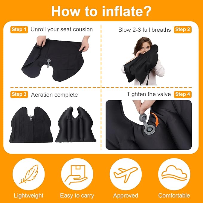 Inflatable Seat Cushion, Lumbar Support Pillow for Office Chair, Portable Outdoor Camping air Cushion,Car Lumbar Support, Lightweight, Waterproof, Essential for Home, Office and Travel, Black