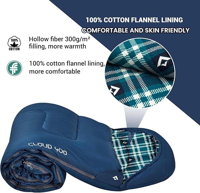KingCamp Sleeping Bag for Adults, Cold Weather & Warm XL Big and Tall Flannel Sleeping Bags with Compression Sack Portable Waterproof Essentials Gear Accessories for Outdoor Camping