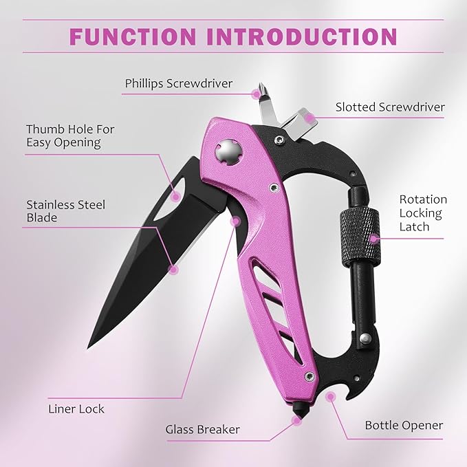Pink Multitool Carabiner Knife for Women Men,Survival Gear for Camping Hiking，EDC Carabiners, 6-in-1 Multi Tools with Window Breaker, Bottle Opener and Screwdriver,Gifts for Women/Men (Pink)
