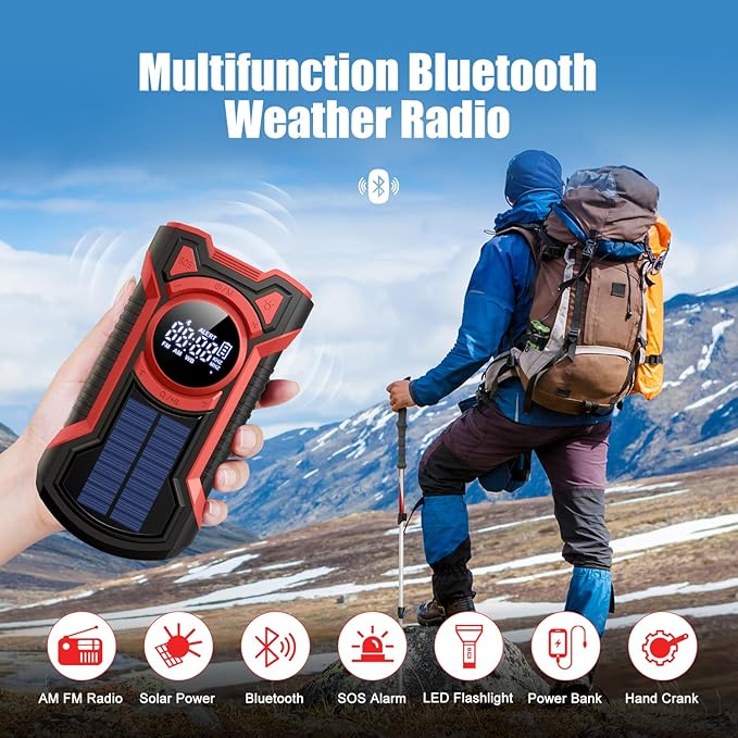 Emergency Radio Hand Crank Solar 5000mAh, IP65 Waterproof Dustproof Bluetooth 5.3 Portable AM/FM/NOAA Weather Alert Radio with Flashlight, Phone Charger, SOS, Headphone Jack- (Red)