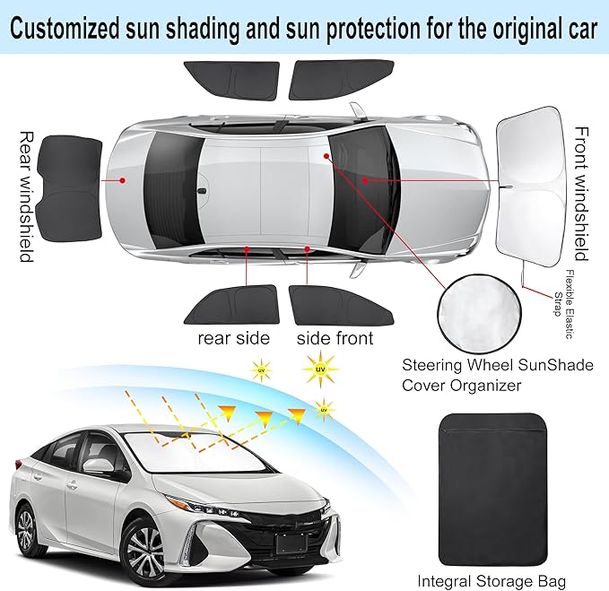 6PCS Windshield Sun Shade Custom Fit for 2023 2024 2025 2026 Toyota Prius Accessories Foldable Sunshade Side Rear Window Shade Cover Full Set Privacy Protection Keeps Car Cool