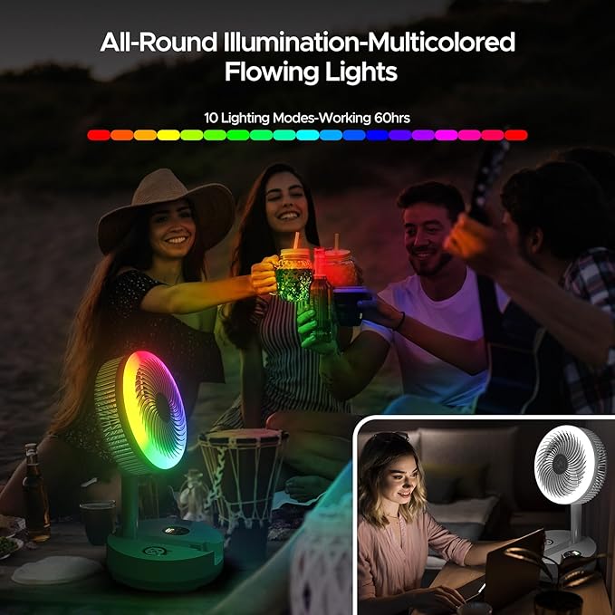 neofeel 10.43'' Portable Pedestal Standing Fan, 40000mAh 106hrs Rechargeable Oscillating Fan with Remote/1-8H Timer, RGB Lighting, Floor Fan for Bedroom Party Camping (White, 40000mAh)