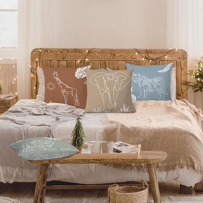 SPBL&L Woodland Animals Nursery Pillow Covers 18x18, Cute Cartoon Tiger Lion Giraffe Elephant Decorative Pillow Covers for Nursery Kids Room Playroom Classroom Decor, Jungle Nursery Decor, Set of 4