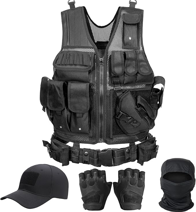 VPZenar Tactical Vest for Men, Airsoft Vest, Black Molle Vest and Cap Protective Equipment, Tactical Airsoft Gear