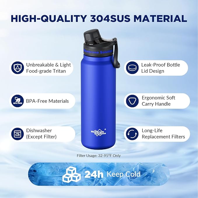 Membrane Solutions C3 Filtered Water Bottle, 32oz Stainless Steel Water Bottle with Replaceable UF+ACF Filter Cartridge, Portable Water Filter, Travel, Hiking & Camping for Drinking Water