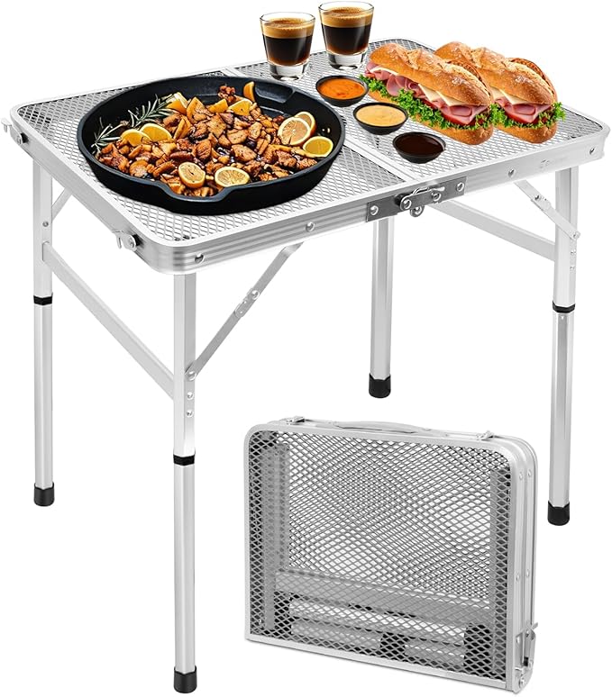 Small 2ft Folding Table with Carry Handle, Adjustable Height 10.6" or 22", Silver Metal Mesh, Portable & Compact Indoor/Apartment/Card/Side/Grill Table, 23.6"Lx15.8"W, Lightweight 4 lb, 66 lb Capacity