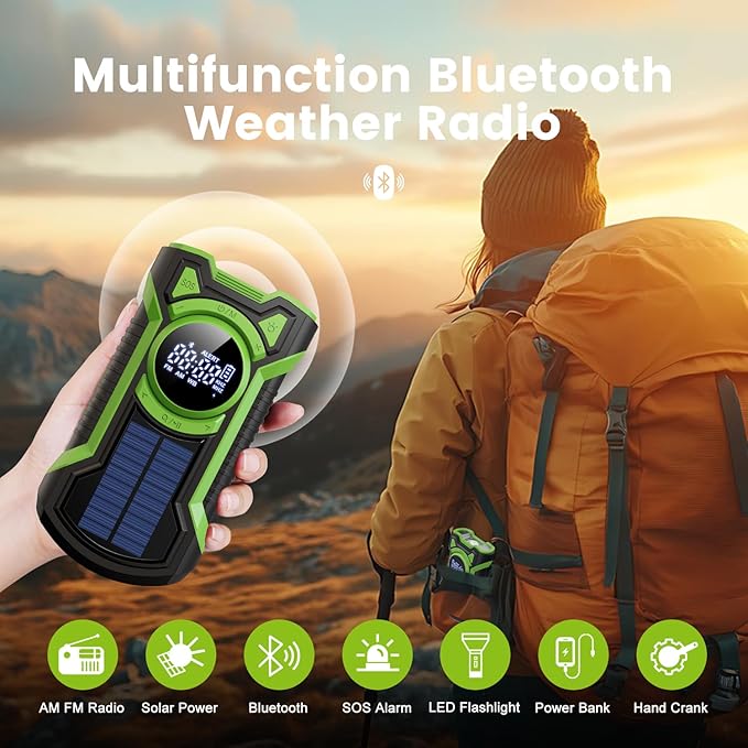 IPX5 Waterproof Emergency Weather Radio, Bluetooth Portable AM/FM/NOAA Hand Crank Radio Solar Charging, with Flashlight and 5000mAh Cell Phone Charger, USB or Battery Powered Radio with SOS Alarm