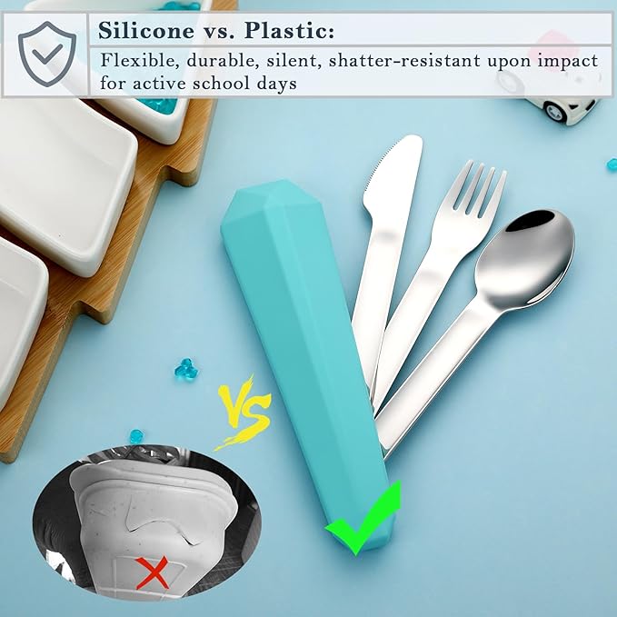 Utensils for Lunch Box Accessories, DEVICO Travel Silverware Set with Case, Camping Flatware Include 18/8 Stainless Steel Knife Fork and Spoon Set, Reusable Portable Cutlery Set for School (Teal)