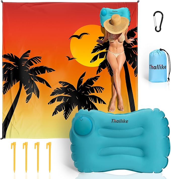Beach Blanket, Waterproof Sandproof Beach Mat with Stakes and Inflatable Camping Pillow, 79" X 83" Quick Drying Lightweight & Durable Outdoor Picnic Mat with 4 Corner Pockets for Beach Camping