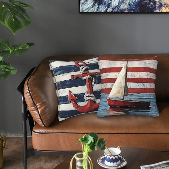 Striped Nautical Throw Pillow Covers 18x18 inch Set of 2 Boat Anchor Pillow Case Cushion Cover for Home Sofa Couch Living Room Car Decor
