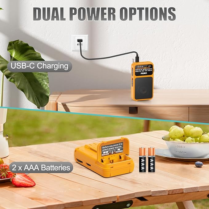 PRUNUS J-555 Pocket Radio AM FM USB-C Charging& Battery Operated, Excellent Reception& Clear Speaker and Headphone Jack, Back Clip, Flashlight, Transistor Radios, Portable Radio AM FM, Mini Radios