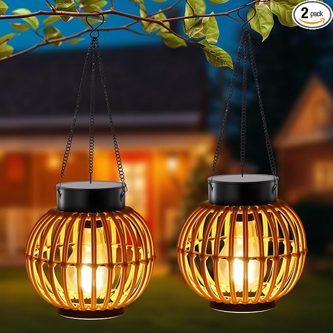 Solar Lanterns Outdoor Lights Waterproof -2 Pack Hanging Hand-Woven Lanterns, Garden Decor Gifts, Outdoor Solar Table Lamp Camping Lights, Garden, Yard, Porch, Patio Balcony, Backyard Outdoor Decor