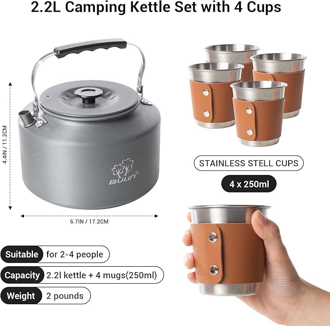 Bulin Camping Kettle, 2.2L Large Portable Stovetop Tea Kettle Fast Heating Boiling Hot Water for Open Fire Lightweight Coffee Pot with 4 Camping Cups & Anti-scald Sleeves for Outdoor Hiking Picnic