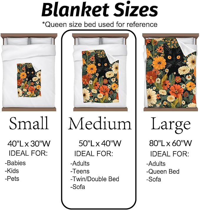 Black Cat Blanket Cute Orange Eyes Kitten Surrounded by Autumn Flowers Throw Blankets Lightweight Flannel Throws for Camping Couch Chair Office Home Decor Gifts for Pet Lover,60x50inch