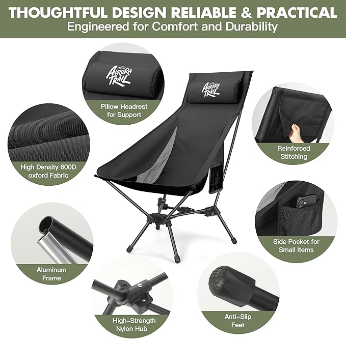 AuroraTrail High Back Folding Camping Chair with Pillow – Lightweight Portable Outdoor Chair with Cup Holder & Carry Bag, Sturdy Aluminum Frame Supports up to 374 lb for Camping, Hiking & Festivals