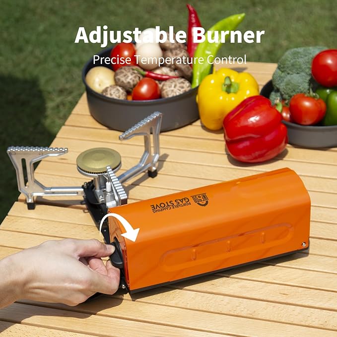 INFOOD Portable Butane Gas Camping Stove - 7500 BTU Compact Folding Design with Carry Bag for Backpacking, RV Trips, Picnic & Outdoor Indoor Cooking, Orange