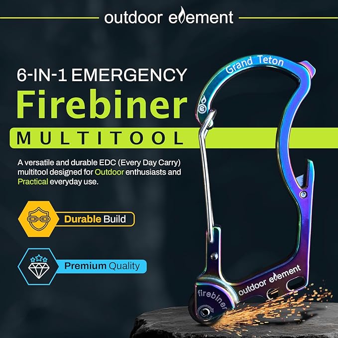 OUTDOOR ELEMENT Firebiner Custom Engraved 6-in-1 Fire Starter Carabiner Multitool – Survival Gear EDC Keychain with Utility Blade, Bottle Opener, Screwdriver, Emergency Tool