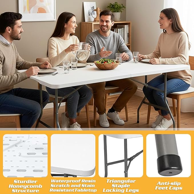 Camp Field 5ft Heavy Duty Portable Table, Folding Table for Indoor & Outdoor Picnic & Card Table for Picnic, Party, Camping. (White, 5FT)