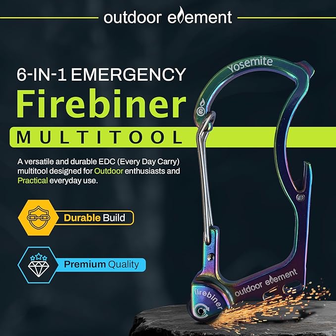 OUTDOOR ELEMENT Firebiner Custom Engraved 6-in-1 Fire Starter Carabiner Multitool – Survival Gear EDC Keychain with Utility Blade, Bottle Opener, Screwdriver, Emergency Tool
