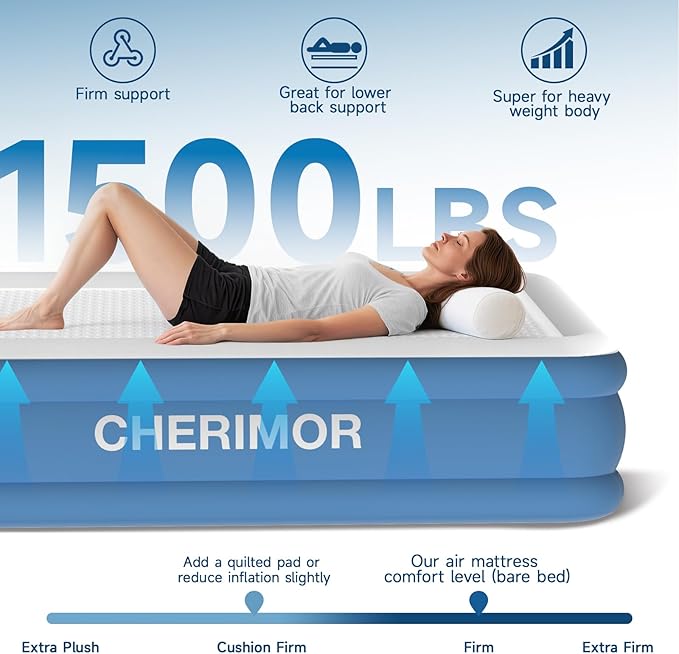 CHERIMOR Queen Air Mattress with Built-in Rechargeable Pump, 1500 lbs Heavy-Duty Support, 16" Raised Upgraded Firmness Blow Up Mattress, Fast 3-Min Inflation, Inflatable Bed for Home, Guests & Camping