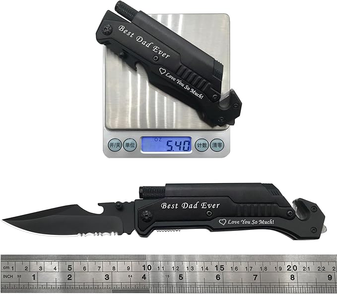 Mothers Day Fathers Day Gift - Personalized Custom Engraving Gifts for Him Her, 6-in-1 Multifunctional Folding Pocket Knives with LED Light, Seatbelt Cutter, Glass Breaker, Magnesium Fire Starter, Bottle Opener