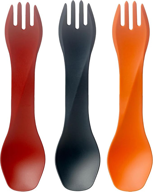 humangear GoBites Uno 3-Pack | Travel & Camping Utensils | Portable & Convertible Dining Ware | Multi-Functional Spork | Red/Gray/Orange, Uno 3-Pack