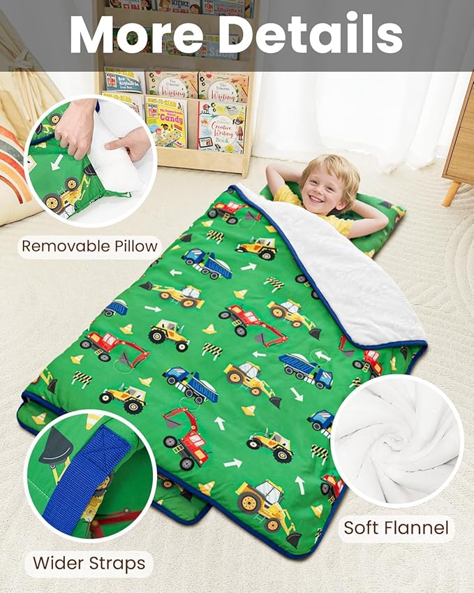 Primlect Toddler Nap Mat with Removable Pillow and Flannel Blanket, Portable Sleep Bag for Kids, Easy to Roll up, Washable, Perfect for Daycare, Preschool, Boys and Girls, 3-6 Years