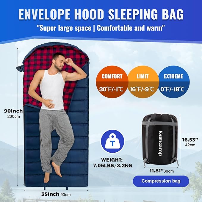 Keencamp 0 Degree Sleeping Bag Cotton Flannel Winter Cold Weather for Adults XXL Sleeping Bag 4 Season Big and Tall with Pillow Compression Sack