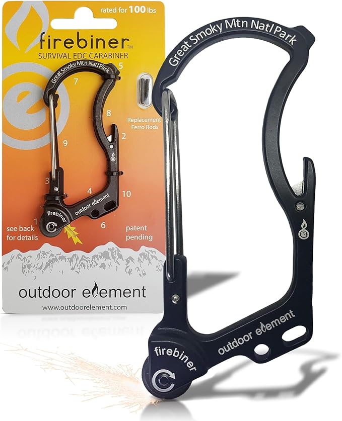 OUTDOOR ELEMENT Firebiner Custom Engraved 6-in-1 Fire Starter Carabiner Multitool – Survival Gear EDC Keychain with Utility Blade, Bottle Opener, Screwdriver, Emergency Tool