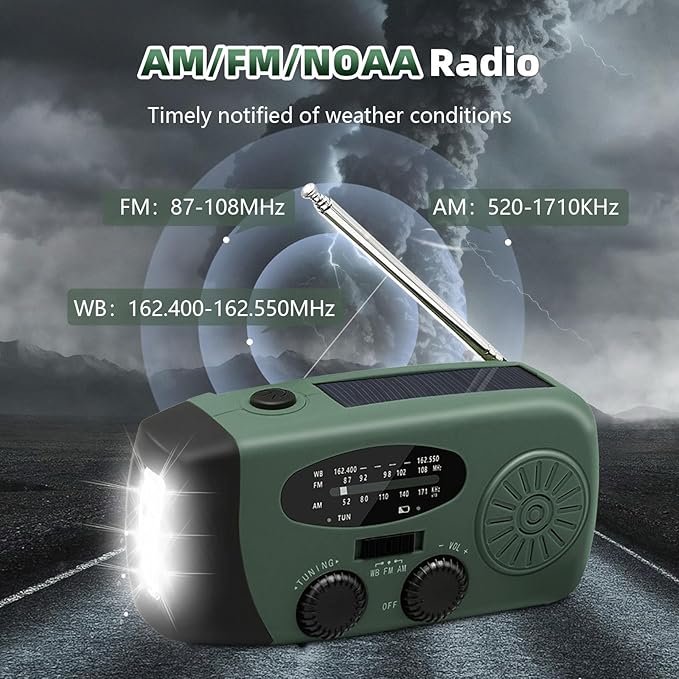 WVL 7400mWh Emergency Weather Radio, Portable Solar Hand Crank Radio AM/FM/NOAA, with 3 Mode Flashlight & Reading Lamp, Cell Phone Charger and SOS Siren(Navy Green)