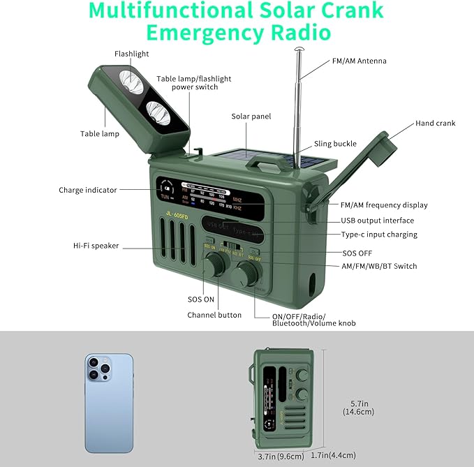 Solar Hand Crank Emergency Radio,NOAA/AM/FM with LED Flashlight & Reading Lamp,USB Type-C/Solar/Hand Crank Charging,Bluetooth Speaker,SOS Alarm&Compass for Camping Indoor Outdoor Emergencies (Green)