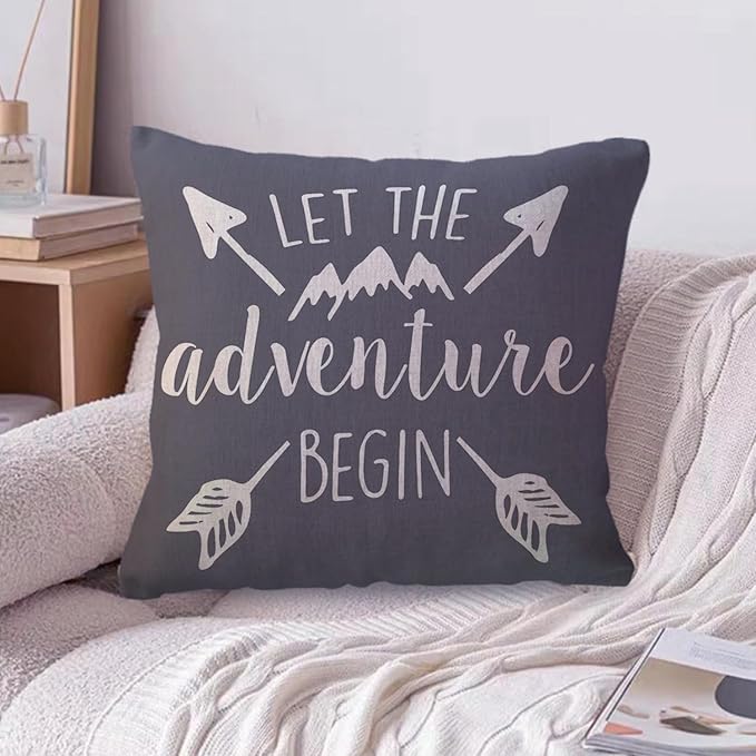 ULOVE LOVE YOURSELF Adventure Arrow Throw Pillow Covers Mountain Forest Pillowcases 18 x 18 Inch Let The Adventure Begin Decorative Cushion Covers for Cabin/Camper (Grey)