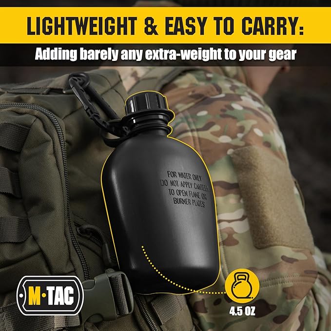 M-Tac Canteen Water Bottle - 1 Quart Water Canteen (34 Oz/1L) - Tactical Water Bottle for Military Hiking Camping Survival (Black)