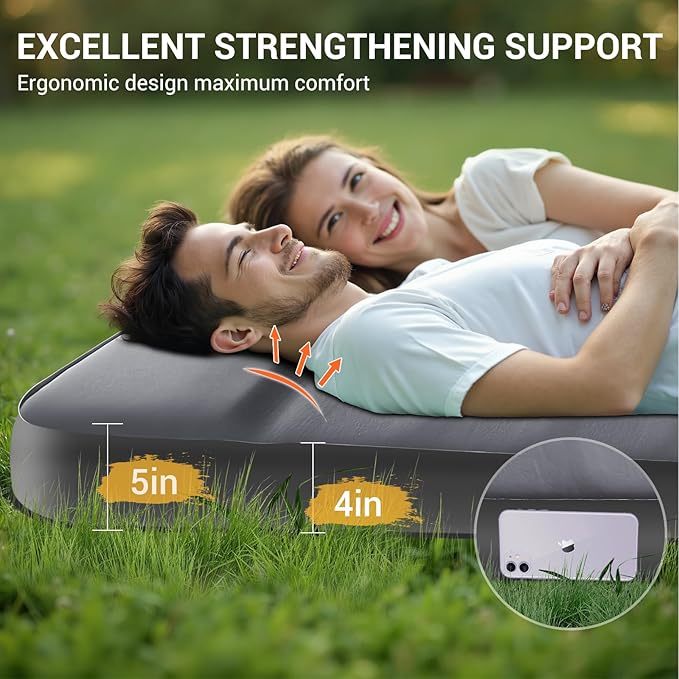 Elegear CumbreX™ Air & Foam Self Inflating Sleeping Pad, Built-in Electric Pump 4" Ultra-Thick Memory Foam Camping Mattress with Pillow Double Camping Pad 4-Season R-Value 9.5 Camp Mat - Gueen Grey