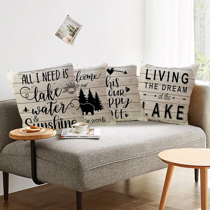Lake Camper Throw Pillow Covers 18 x 18 Inch This is Our Happy Place Quote Cushion Covers Bear Woods Sunshine Camping/Cabin Farmhouse Rustic Decorative Pillowcases 4Pack for Sofa Couch Porch