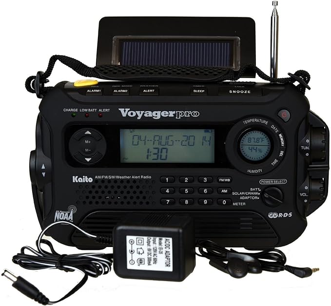 Kaito Voyager Pro KA600 Digital Solar Dynamo Hand Crank AM/FM/LW/SW & NOAA Weather Emergency Radio with Flashlight, Reading Lamp,Smart Phone Charger & RDS and Real-Time Alert, with AC Adapter, Black