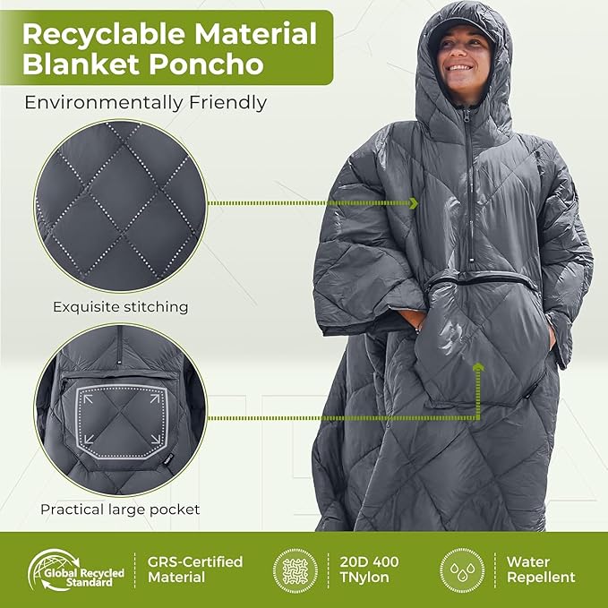 ATEPA Wearable Sleeping Bag, Recycled Water-Resistant Camping Blanket Poncho, Ultralight Packable Stadium Blanket for Outdoor