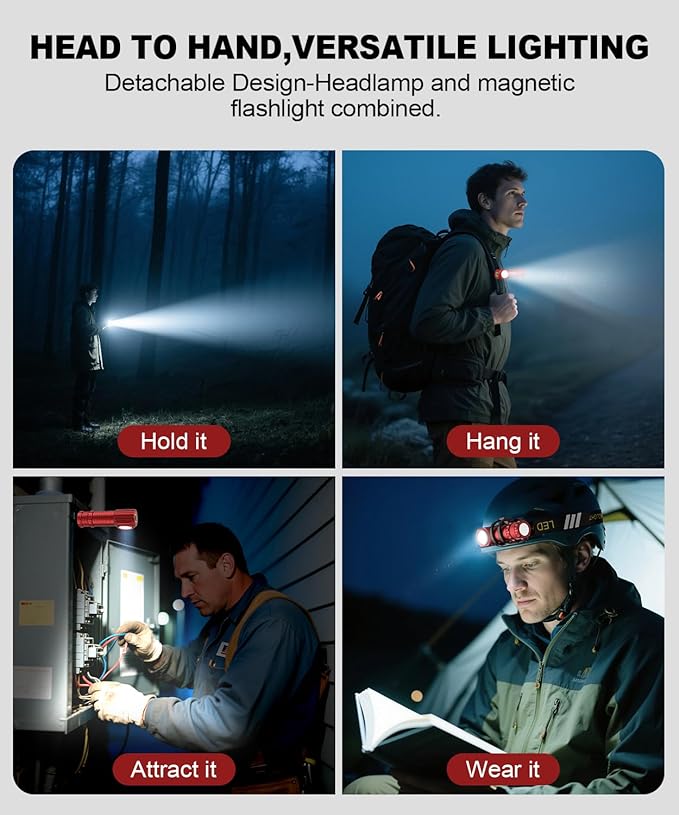 High Lumens LED Rechargeable Headlamp for Adults - Hard Hat Light Running Head Lamp with Red Light, Magnet, 180° Tilt, 7 Modes, Detachable Flashlight & Headband, Outdoor, Emergency Use 2PC Red