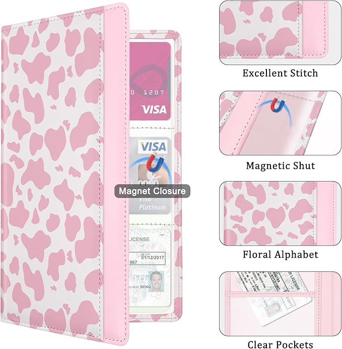 Car Registration and Insurance Holder, with Magnetic Closure for License, Cards and Documents, All Vehicle Needs and Car Accessories (Cow-Pink)